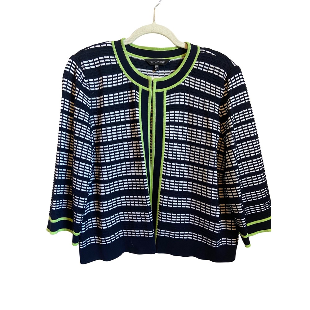Ming Wang Navy White Grid Knit Jacket Lime Green Trim PXL Petite XL Open Front